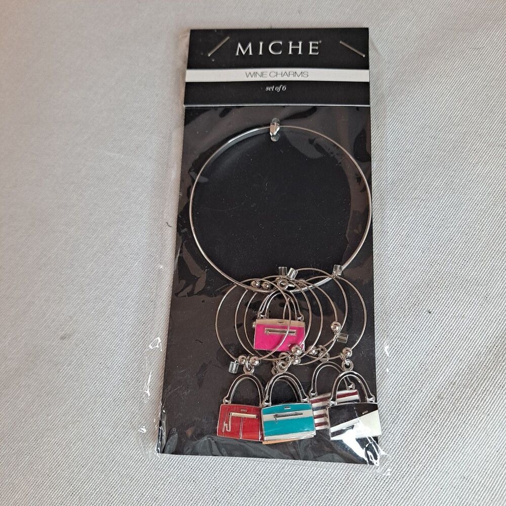 Miche Wine Charms Set of 6 Silvertone Rings with Painted Enamel Purse Designs